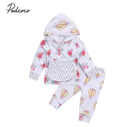Пуловер; комплект осенней одежды для малышей из 2 предметов; одежда для маленьких мальчиков и девочек; топ с цветочным принтом и капюшоном +