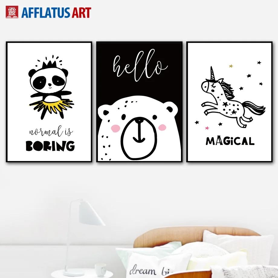 

Black White Bear Panda Unicorn Fox Tent Wall Art Canvas Painting Nordic Posters And Prints Wall Pictures Kids Room Bedroom Decor
