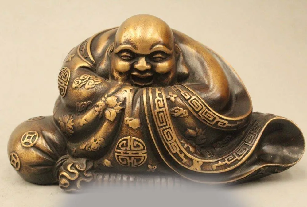 

7" Chinese Buddhism Bronze Happy Laugh Maitreya Buddha Moneybag Wealth Statue