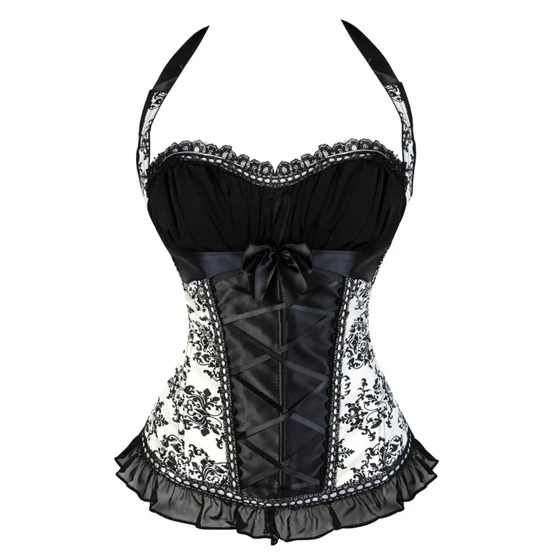 

Caudatus Burlesque Overbust Halter Corset Bustiers Zipper Satin Lace up Costume Party Lingerie with Straps Corset Flower