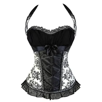 

Caudatus Burlesque Overbust Halter Corset Bustiers Zipper Satin Lace up Costume Party Lingerie with Straps Corset Flower