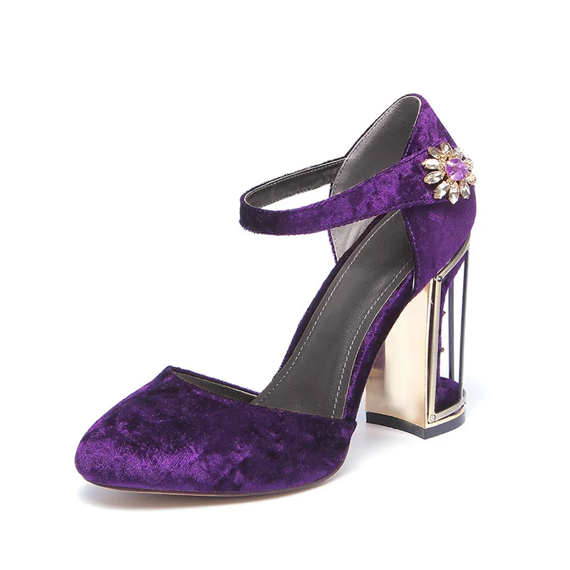 Phoentin/вечерние женские туфли mary jane; Новое поступление года; бархатные женские туфли с цветком из стразов; туфли на высоком металлическом каблуке с птичьей клеткой на застежке-липучке; FT497 - Цвет: Purple 10cm heel