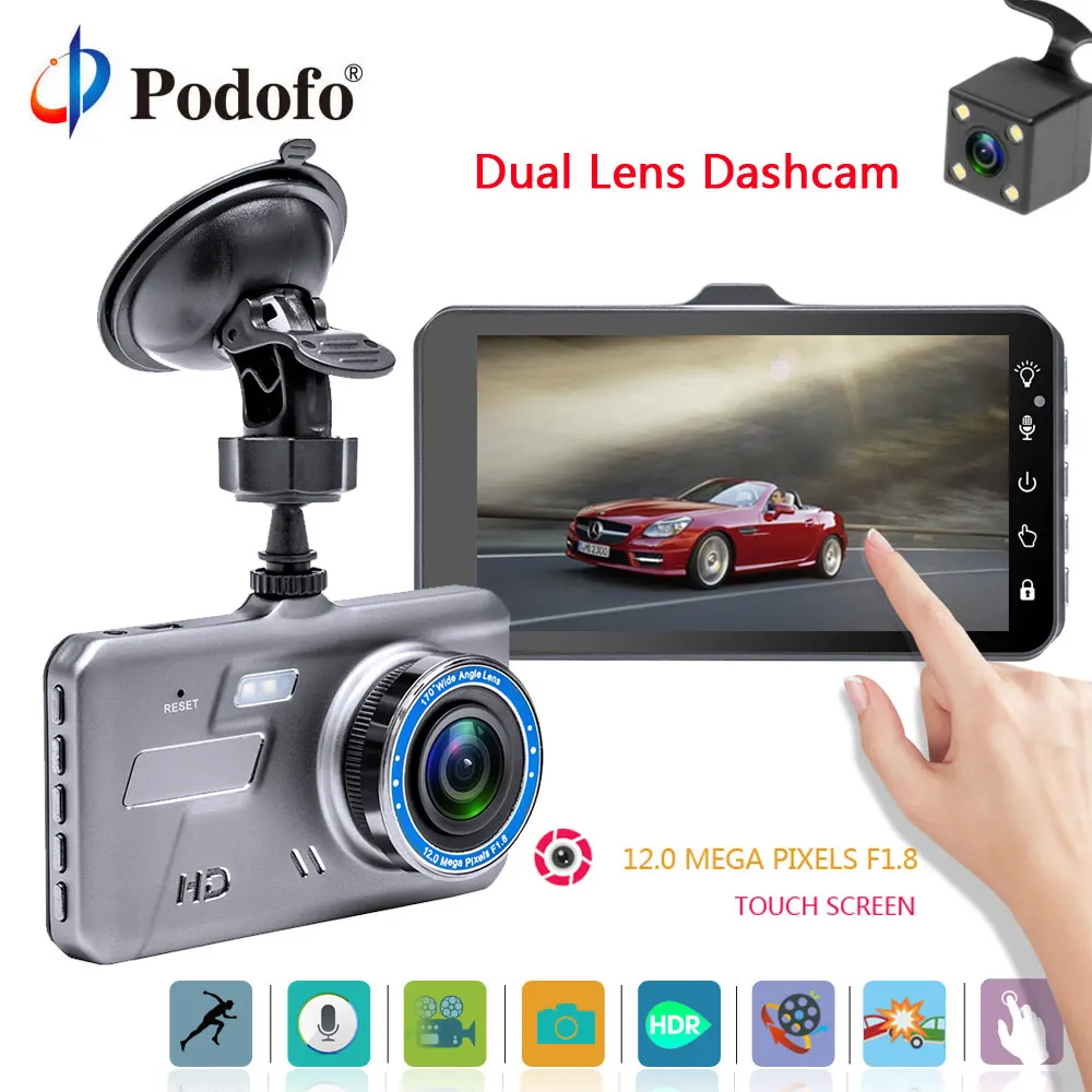 

Podofo Car DVR Camera 4" Touch Screen Dual Lens Dashcam Dvrs Full HD 1296P Registrator Night Vision Dash Cam G-sensor Recorder