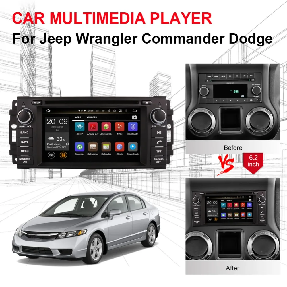 Sale Android 8.0 Octa Core 4GB RAM Car DVD CD Player For Jeep Wrangler Commander Dodge Chrysler Radio Stereo GPS Navigation SWC Wifi 4