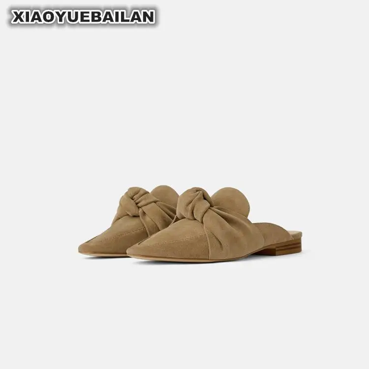 

New Muller Shoes, Women's Square Head, Retro Half Slipped Sole, Butterfly Knotted