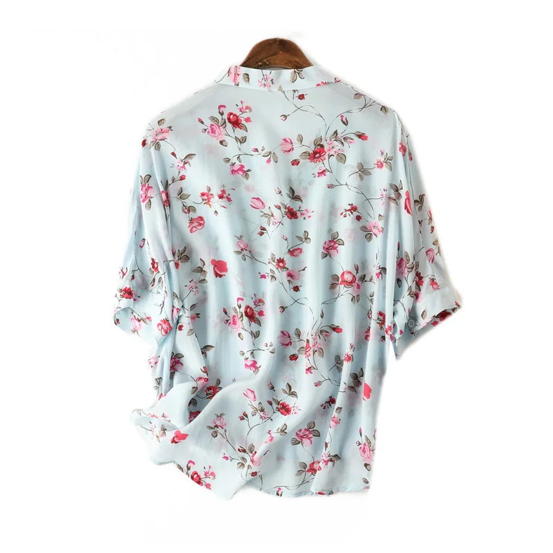 Women Blouse REAL SILK Crepe Floral Print Blouse Shirt Half Sleeved Office Lady Blouses Summer Shirt