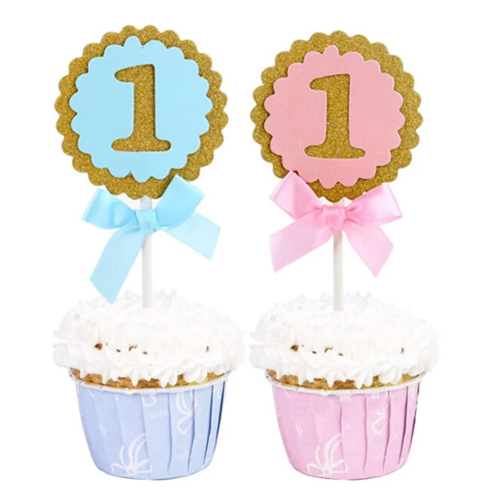 

5Pcs 1st Birthday Party Round Cupcake Toppers Glitter Paper Card Cake Decorating Cake Topper Baby First Birthday Party Decor