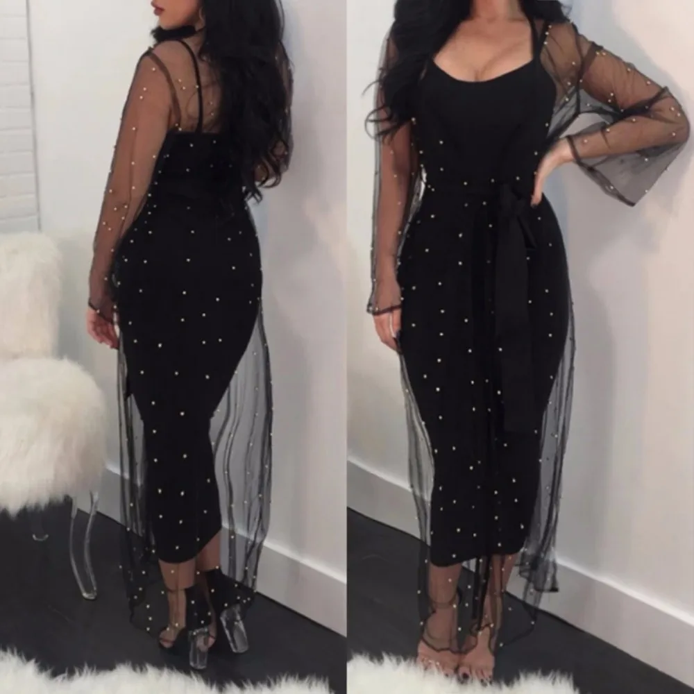 Sexy Women Dress Two Pieces Long Sleeve Rivet Beading Calf Chifffon