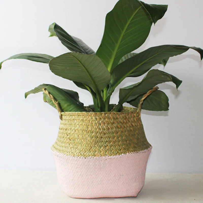 

Handmade Storage Baskets Foldable Laundry Straw Patchwork Wicker Rattan Seagrass Belly Garden Flower Pot Planter Straw Basket