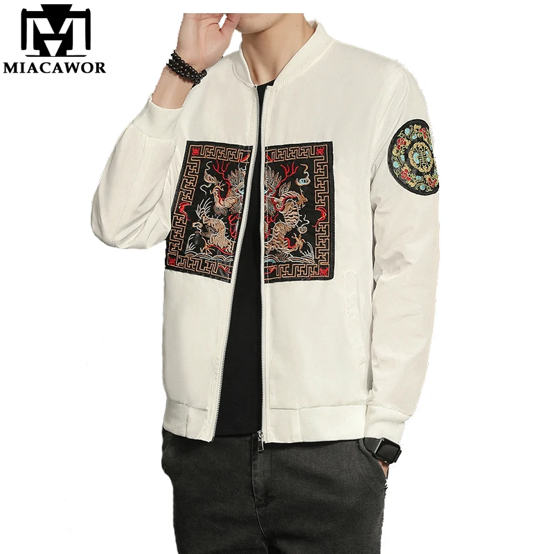 MIACAWOR New Men Bomber Jacket Chinese Style Embroidery Casual Men