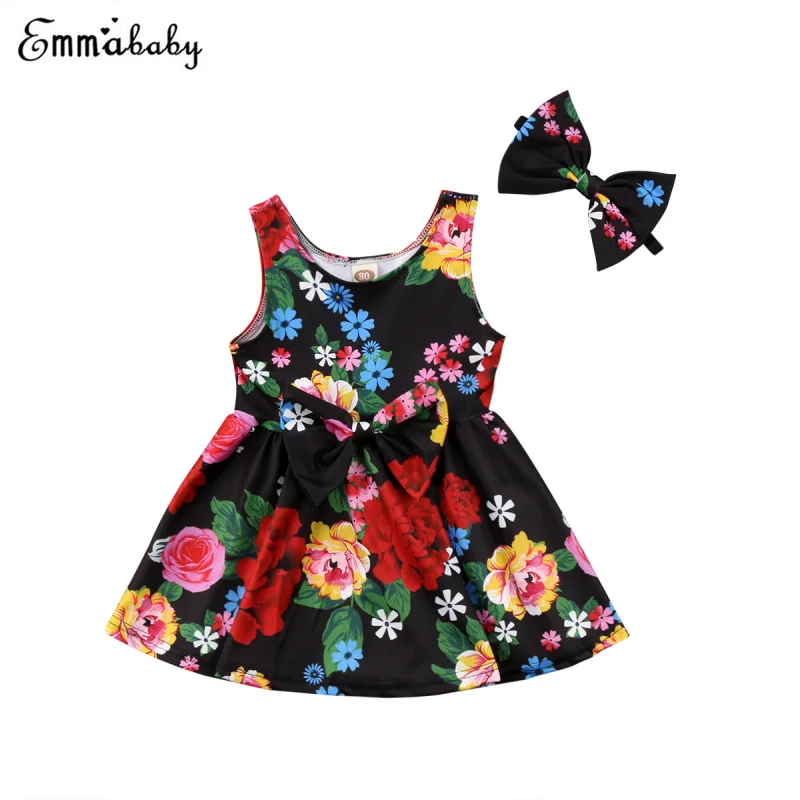 

Kid Baby Girls Dress Sleeveless Print Back Heart Shaped Hollow Out Sister Matching Dress Bowknot+Headband Mini Dress For Girl