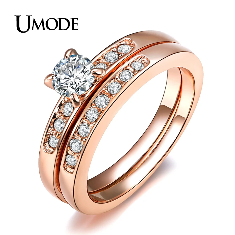 

UMODE Rose Gold Color with Pave Band 0.5ct Brilliant Cubic Zirconia Wedding Ring Set JR0057A