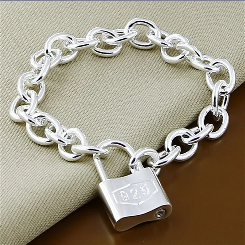 Роскошная модная 925 пробы Серебряная квадратная цепочка с замком браслет для мужчин и женщин ювелирные изделия