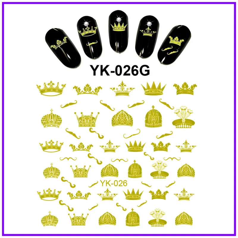 Золотые/серебряные наклейки для ногтей, металлические наклейки для ногтей, цветок, Рождество, корона, усы, Подарочная коробка, цирк, любовь, сердце, YK025-030