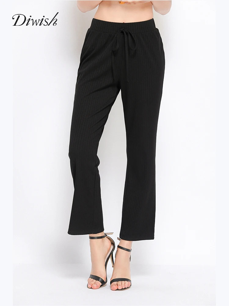 

Diwish Women Summer Black Pants Long Trousers 2019 Plus Size Casual Striped Elastic Waist Pants Wide Leg Pants