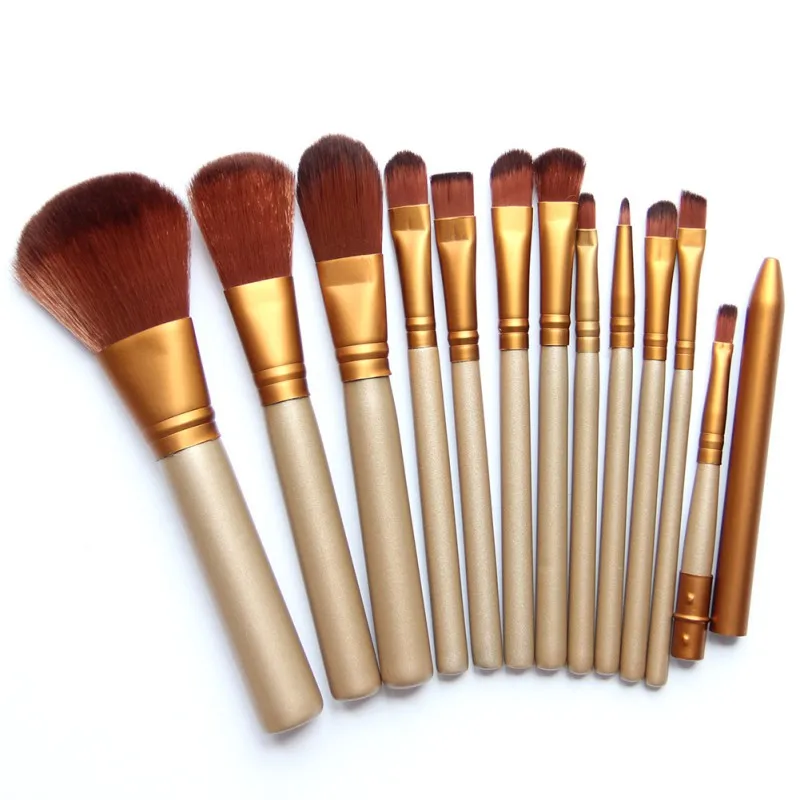 12 Pcs lot Face Eye Powder Blusher Professional Cosmetics Make Up Brushes Set Foundation Golden