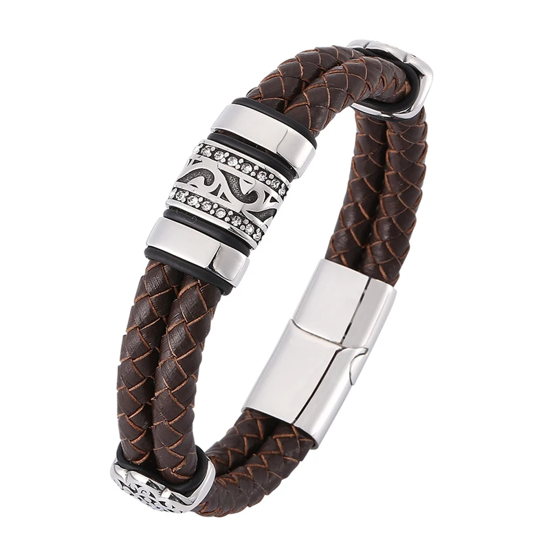 

New Design Vintage Men Jewelry Brown Double Braided Leather Bracelet Men S.Steel Punk Leather Bangle Man Accessories Gift SP0377