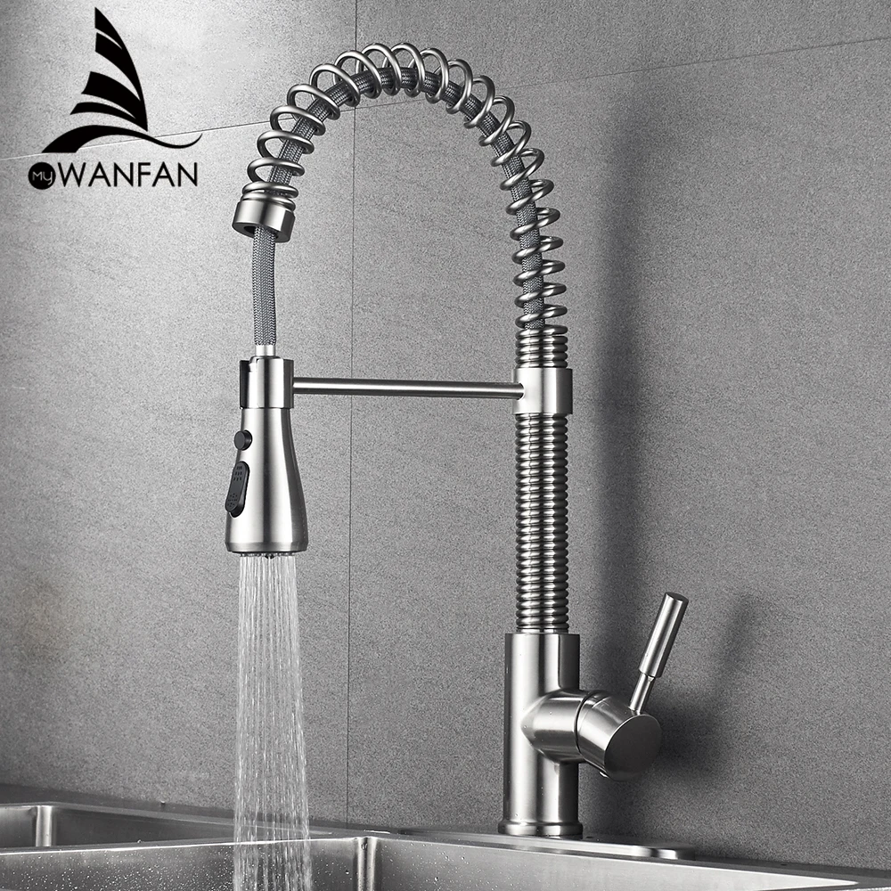  Kitchen Faucets Brushed Nickel Faucets for Kitchen Sink Single Pull Out Spring Spout Mixers Tap Hot - 32915320760