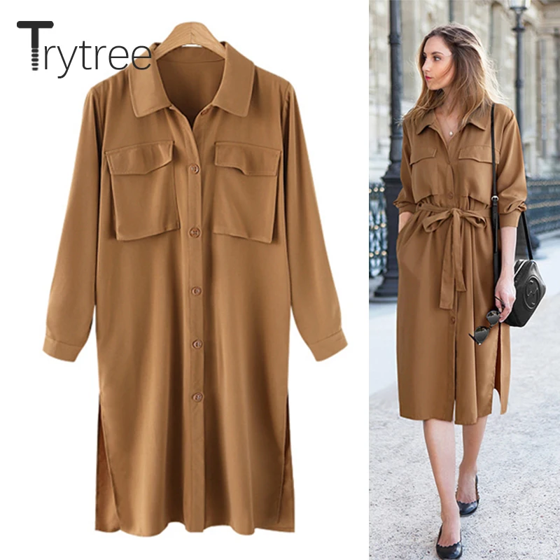 

Trytree Spring Summer Dress Casual women Solid Straight Pockets Sashes dresses Turn-down Collar Office Lady t-shirt Dresses