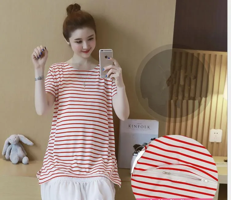 Summer pregnant women Nursing dress fashionable sweet maternity dresses printed stripe cotton dress short sleeves cute Red M-2XL