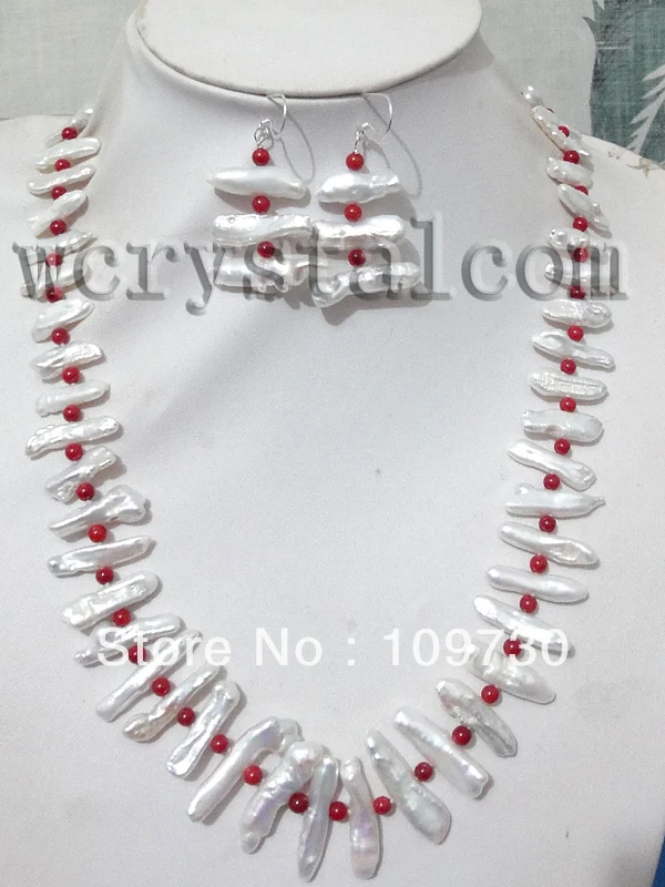 

Jewelry 00365 white pearls red coral necklace earrings bracelet set