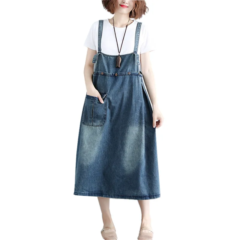 

Front Pocket Denim Overall Dress 2018 Summer Straps Sleeveless Midi Long Sundress Women Plus Size Clothing Casual Denim Dresses