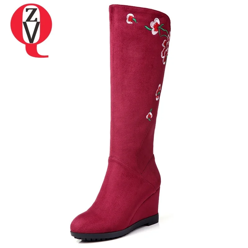 

ZVQ zapatos mujer 2018 newest hot sale super high wedges round toe flock embroider winter warm outside concise knee high boots