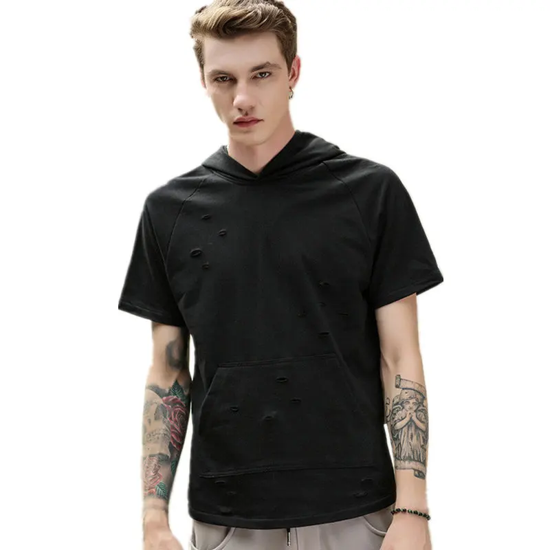 Europe High Street Short Sleeve Men's Sweatshirt Thin Hole