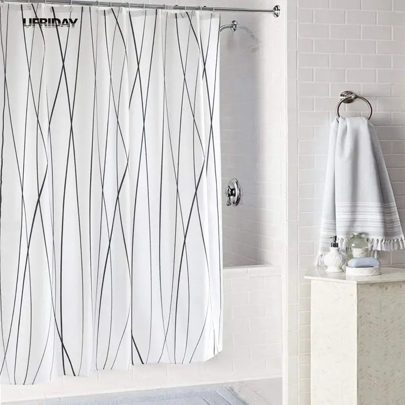 UFRIDAY Black Stripe Waterproof Shower Curtain Polyester Fabric White