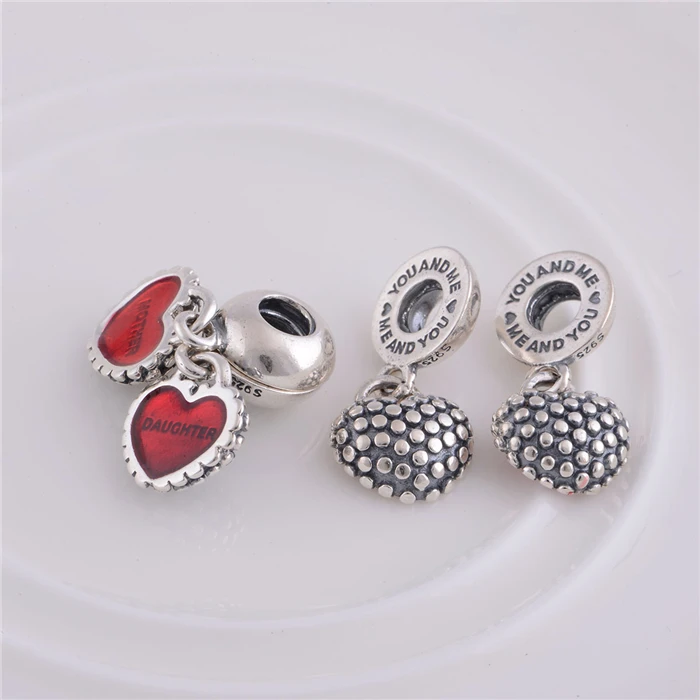 925 Sterling Silver Red Enamel Mother & Daughter Heart Pendant Charms