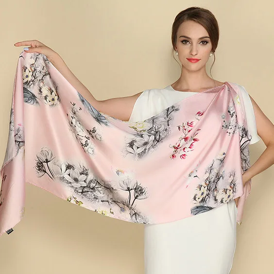Зимний высококачественный натуральный шелковый шарф, шаль, хиджаб, женские модные шарфы, классический красный розовый узор 175*52 см - Цвет: 15