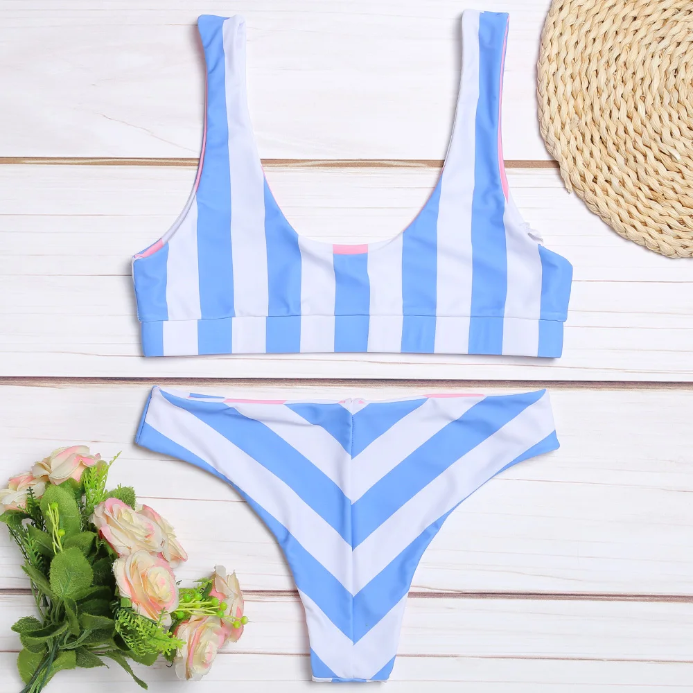 Belleziva Women Sexy Swimsuit Scoop Double-sided wearable Stripe Female Bikini Set Beach Bathing Suit Push Up Swimwear Biquinis Belleziva Women Sexy Swimsuit Scoop Double-sided wearable Stripe Female Bikini Set Beach Bathing Suit Push Up Swimwear Biquinis