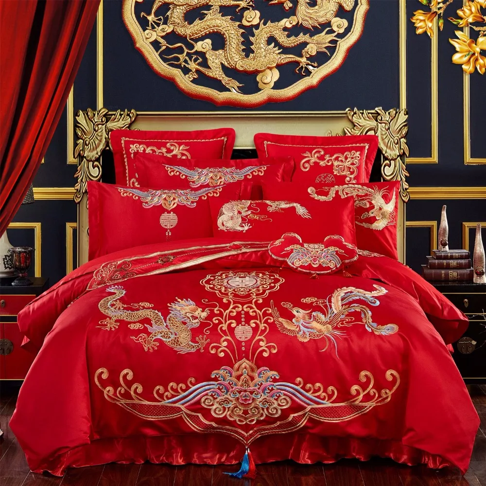 

Luxury Golden Dragon Phoenix Embroidery Red Wedding style 100% Cotton Bedding Set Duvet Cover Bed sheet Pillowcases 4/6/10pcs
