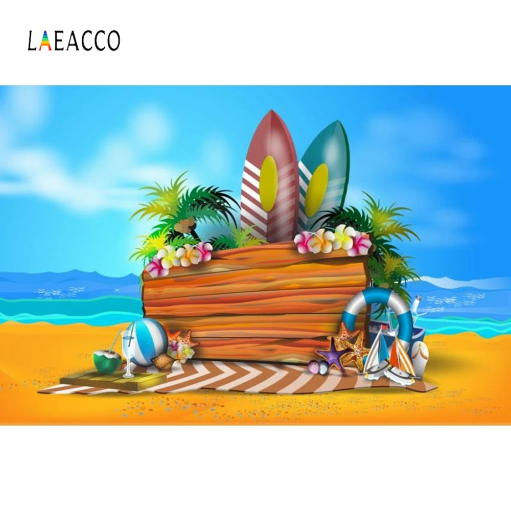 

Laeacco Sea Beach Blue Sky Surfboard Swimming Grass Photography Backgrounds Customized Photographic Backdrops for Photo Studio