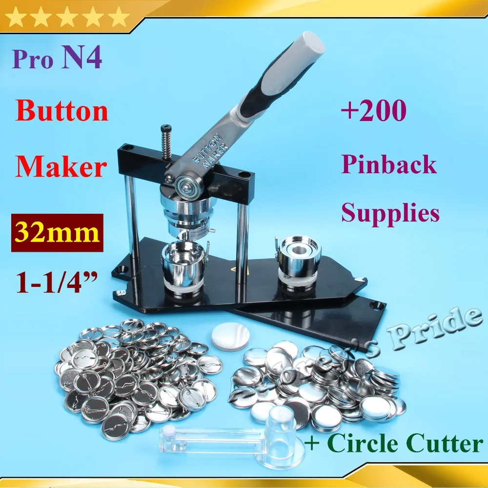

NEW Pro N4 1-1/4":32mm Badge Button Maker Machine + Adjustable Circle Cutter+200 Sets of Metal Pinback Supplies