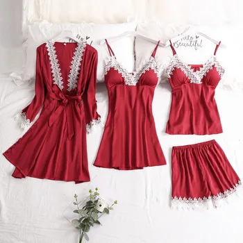 

4 Piece Sexy Pajamas Set Women Faux Silk Lace Sling Sleeveless Shirt Shorts Summer Robe Sleepwear with Chest Pads Pyjama Sets