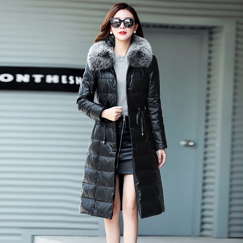 Высококачественное кожаное пальто, зимнее пуховое хлопковое пальто, женская длинная овечья кожа с отворотами и поясом, большие размеры, теплые пальто, верхняя одежда для Parkers A697