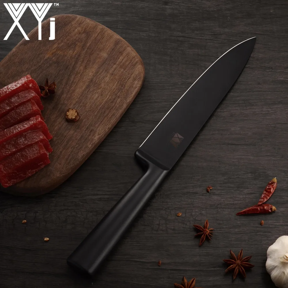 XYj набор кухонных ножей из нержавеющей стали, 6 шт., интегрированный дизайн, черная ручка, нож для нарезки хлеба, Santoku, нож для очистки овощей