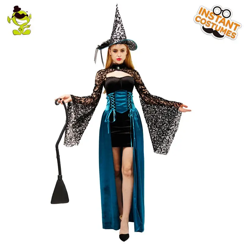 Halloween Adult Women Sexy Luxury Witch Dress Costumes Magic Blue Dress