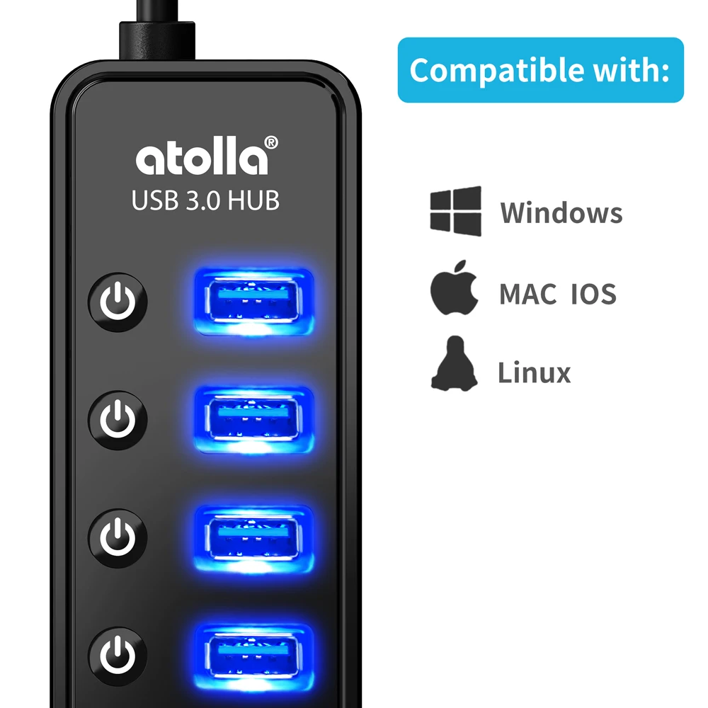 Atolla USB 3,0 концентратор 7 портов USB разветвитель с переключателями+ 1 умный порт зарядки, высокоскоростной USB разветвитель 5 Гбит/с, с адаптером питания