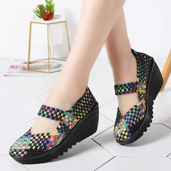 

TKN 2019 Summer Women Platform Sandals Shoes Woman Elasting Fiber Woven Shoes Ladies Flat Middle Heels Wedge Beach Sandals 889