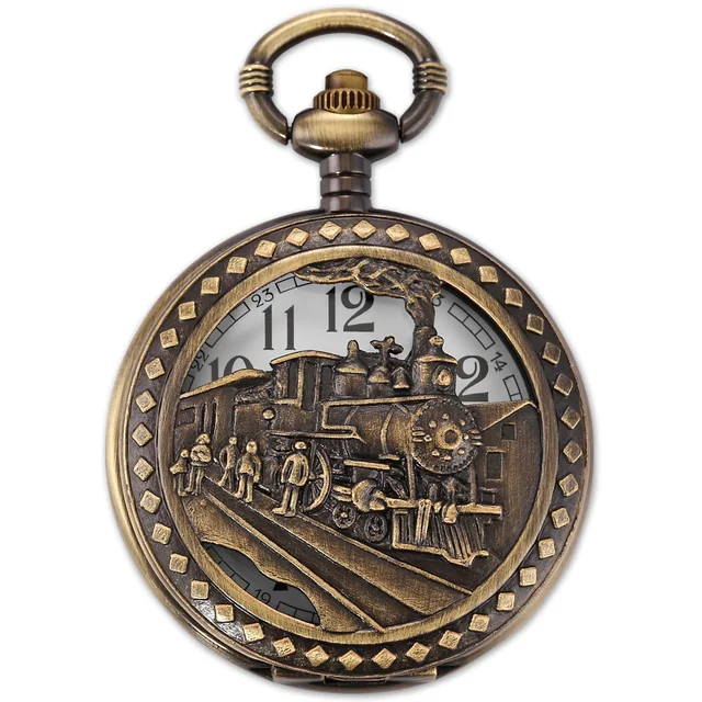 Vintage Copper Bronze Hollow Steam Train Hunter Round Analog Pendant Long Chain Vintage Copper Bronze Hollow Steam Train Hunter Round Analog Pendant Long Chain