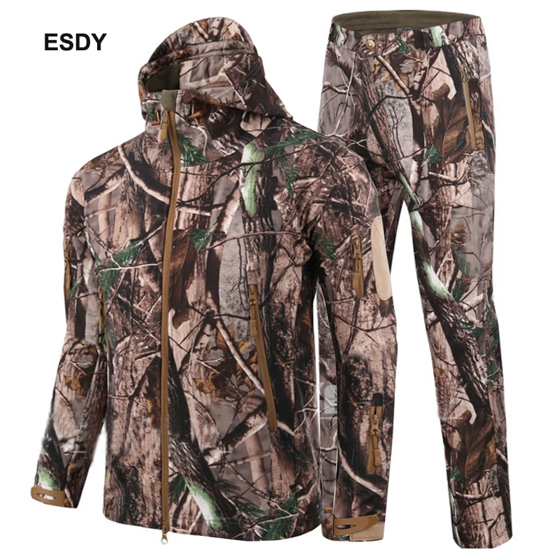 ESDY мужские зимние уличные охотничьи наборы Водонепроницаемые Софтшелл тактические камуфляжные охотничьи куртки+ военные брюки костюмы