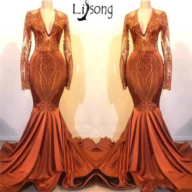 V Neck Sheer Long Sleeves Prom Dresses 2019-2020 Lace Appliques Mermaid Evening Gowns Satin Piping Sweep Train Cheap Formal Party Dress 142