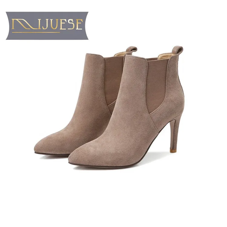 

MLJUESE 2019 women ankle boots cow suede pointed toe thin heel high heels Chelsea boots winter short plush ankle boots