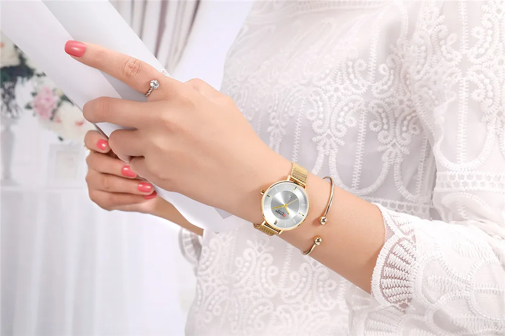 Женские часы с датой Модные Новые аналоговые кварцевые наручные часы CURREN женские часы простые стальные сетчатые часы relogios feminino