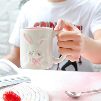 

Creative Cartoon Mug Cute Pink Rabbit Ceramic Breakfast Milk Cup Couple Sisters Office drink Mug Gift 500ml