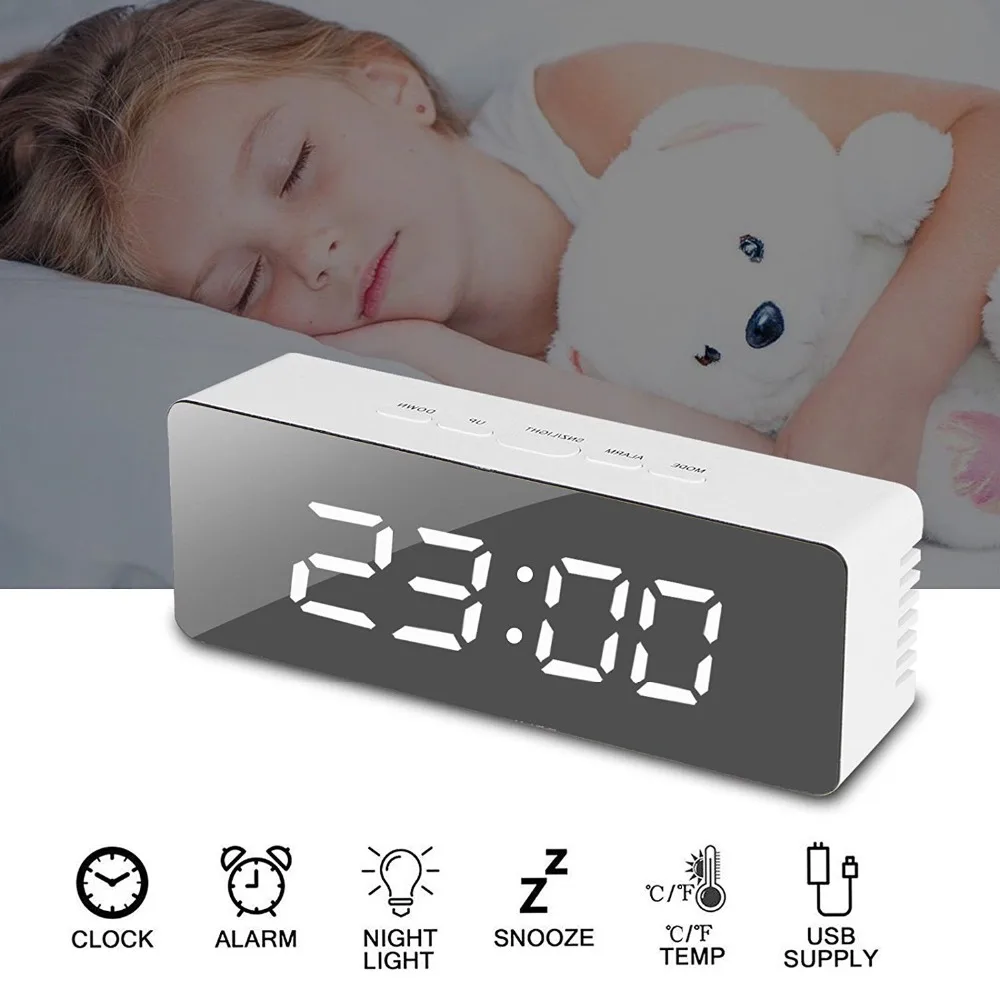 

LED Mirror Alarm Clock Digital Morning Table Clock Wake Up Light Electronic Large Time Temperature Display Home Decoration Clock