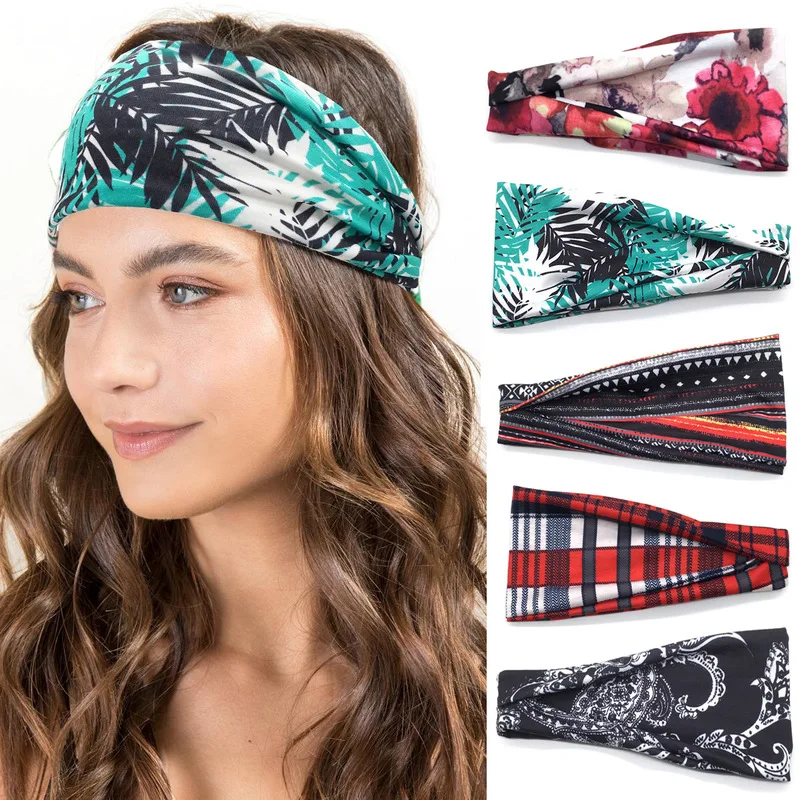 

New Ladies Leaf Print Sports Headband Yoga Headbands Sweatband Antiperspirant Wide-brimmed Print Hairbands Headwrap Hair Jewelry