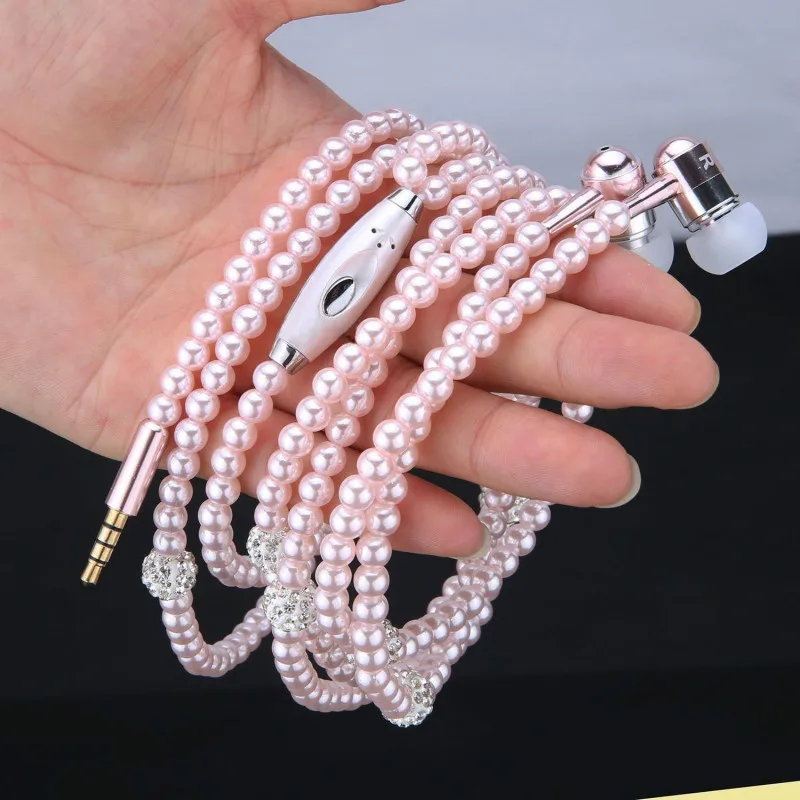 Pearl Earphone Rhinestone Necklace Earphones Pink girl Pearl headset 3